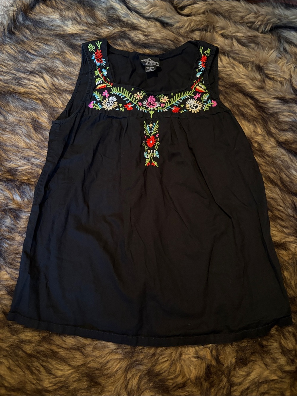 Angie Black Sleeveless Tank Top with Multicolor Floral Embroidery Size Medium